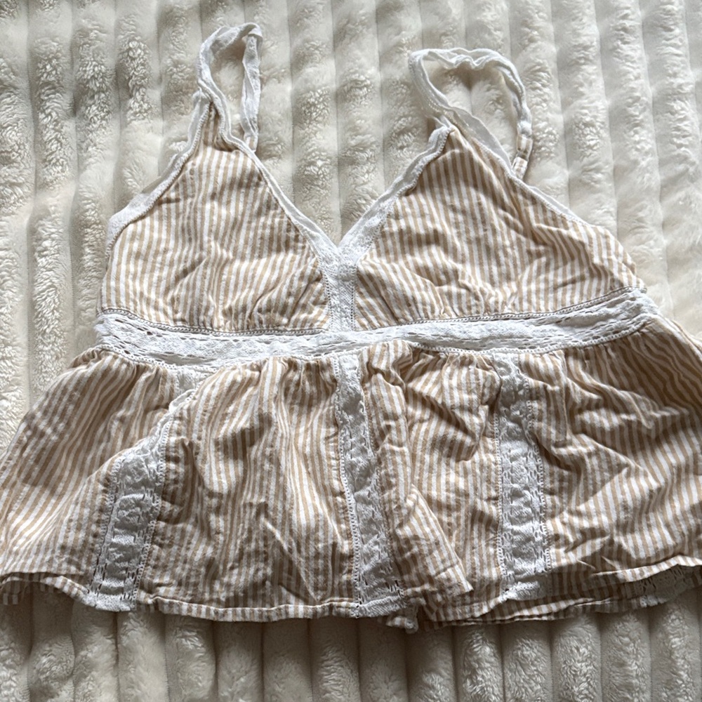 American Eagle Outfitters Tan and White Striped Lace Chemise Size M